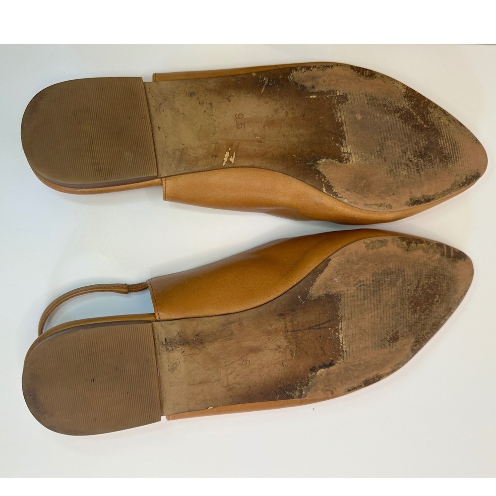 Tan Leather Slingback Mules Womens 9.5 Brown Good Pointed Toe Flat Workwear - Picture 2 of 5